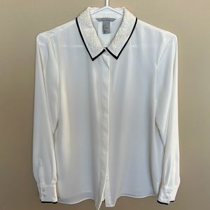 Ivory H&M Blouse with Black Piping and Embroidered Collar Detail